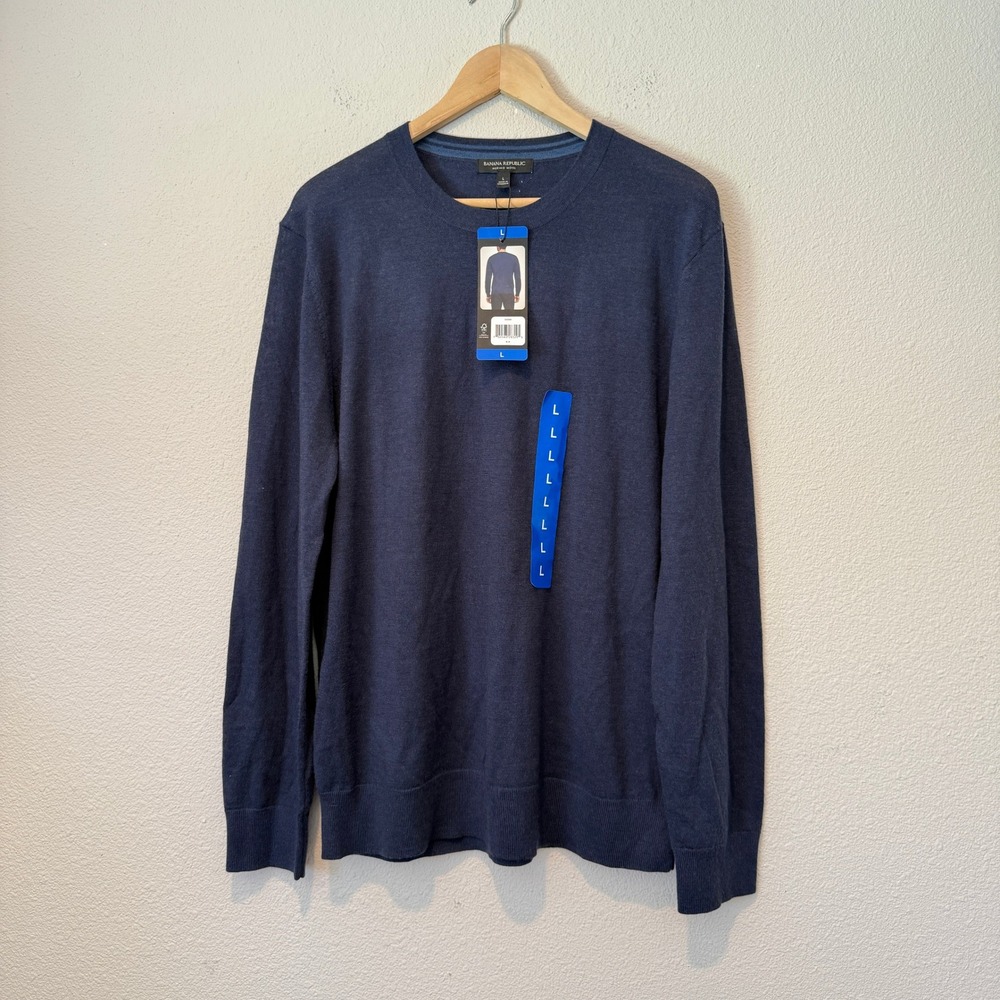 Banana Republic Mens Merino Wool Crewneck Sweater Navy Blue Large NWT Pinhole